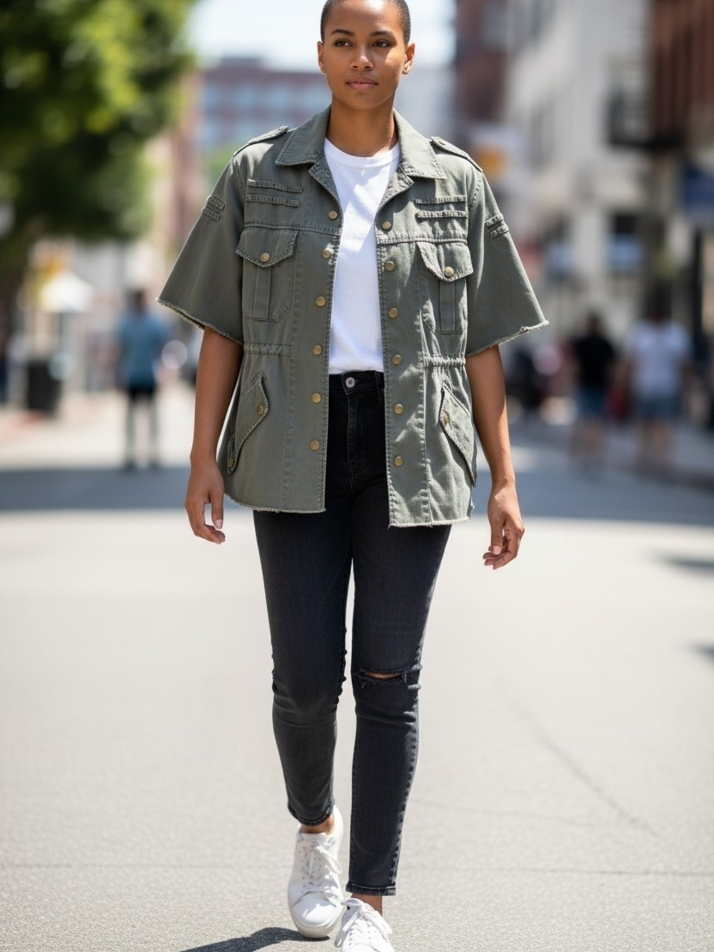NSF Olive Utility Jacket Military Safari Cargo Shirt Raw Hem M